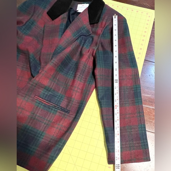 VINTAGE 80s tartan plaid wool blazer suit jacket women’s velvet collar lapel - Picture 10 of 11